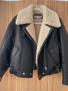 Acne Black Leather Jacket with Cream Shearling Collar